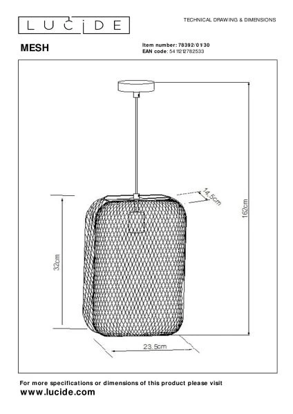 Lucide MESH - Hanglamp - 1xE27 - Zwart - technisch